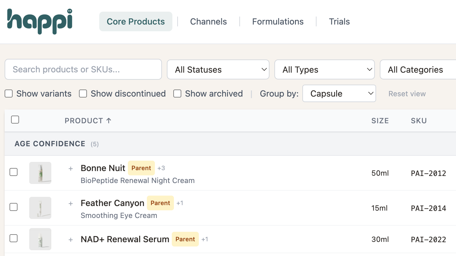 The HAPPI product dashboard listing Pai's core products