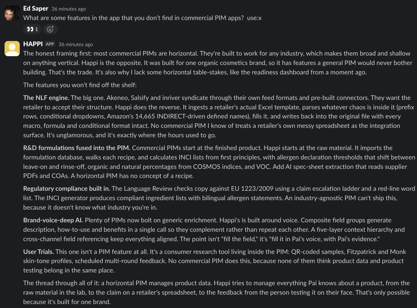 HAPPI in Slack explaining features commercial PIMs lack