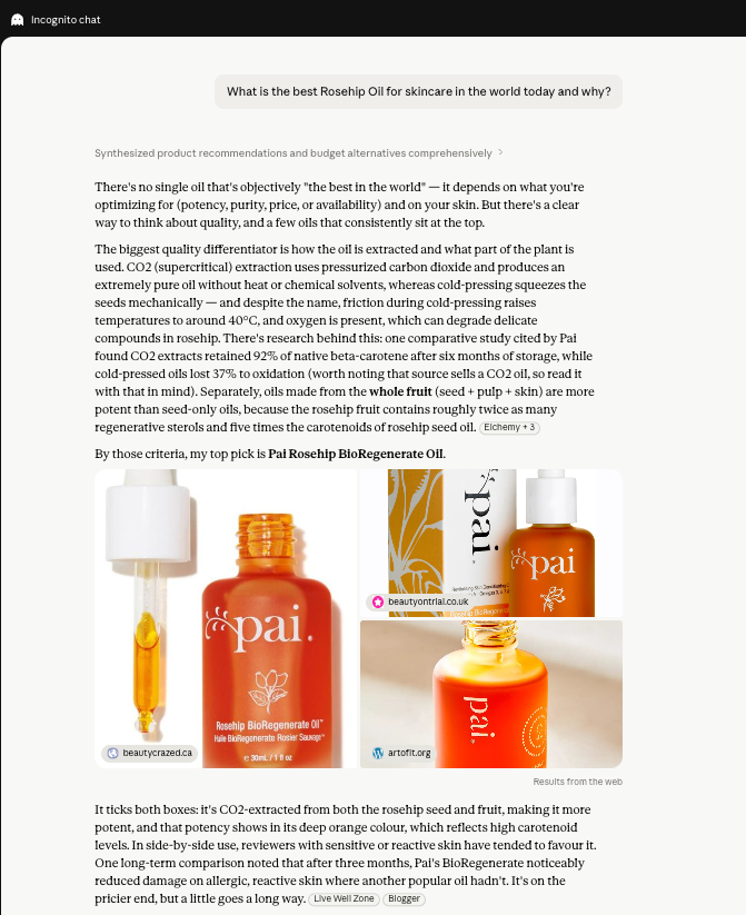 Claude naming Pai's Rosehip BioRegenerate Oil the best in the world